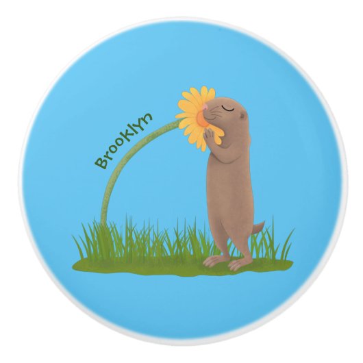 Cute prairie dog sniffing flower cartoon keramische knop (Voorkant)