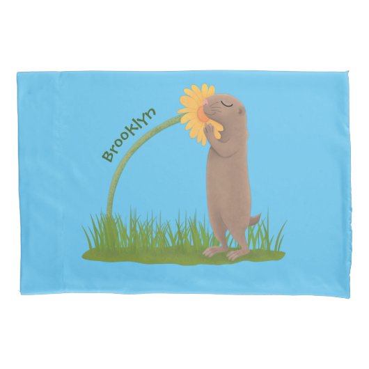Cute prairie dog sniffing flower cartoon kussensloop (Voorkant)