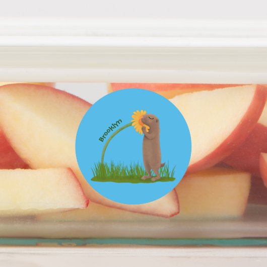 Cute prairie dog sniffing flower cartoon labels (Aangebracht)