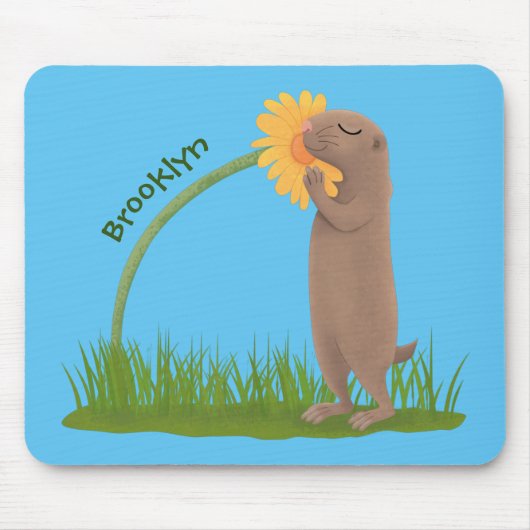 Cute prairie dog sniffing flower cartoon muismat (Voorkant)