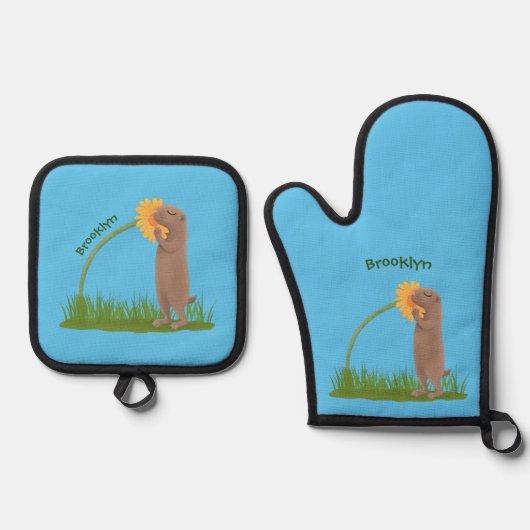 Cute prairie dog sniffing flower cartoon ovenwant & pannenlap set (Voorkant)