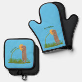Cute prairie dog sniffing flower cartoon ovenwant & pannenlap set (Voorkant / Achterkant)