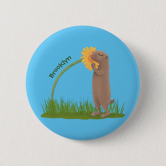 Cute prairie dog sniffing flower cartoon ronde button 5,7 cm (Voorkant)