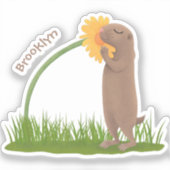 Cute prairie dog sniffing flower cartoon sticker (Voorkant)