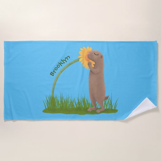 Cute prairie dog sniffing flower cartoon strandlaken (Voorkant)