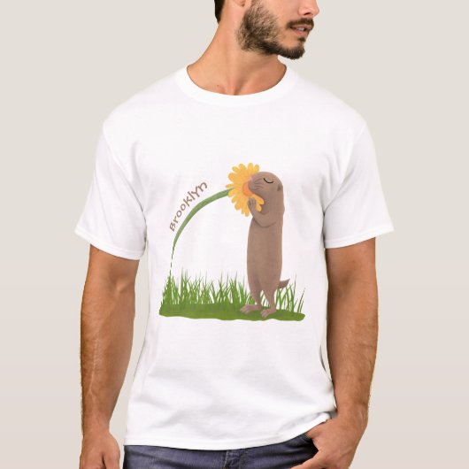 Cute prairie dog sniffing flower cartoon t-shirt (Voorkant)