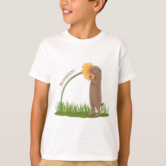 Cute prairie dog sniffing flower cartoon t-shirt (Voorkant)