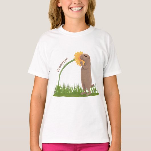 Cute prairie dog sniffing flower cartoon t-shirt (Voorkant)