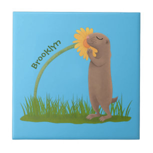 Cute prairie dog sniffing flower cartoon tegeltje