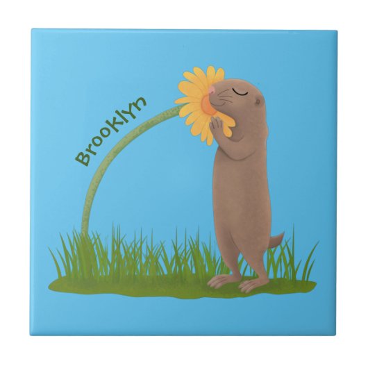 Cute prairie dog sniffing flower cartoon tegeltje (Voorkant)