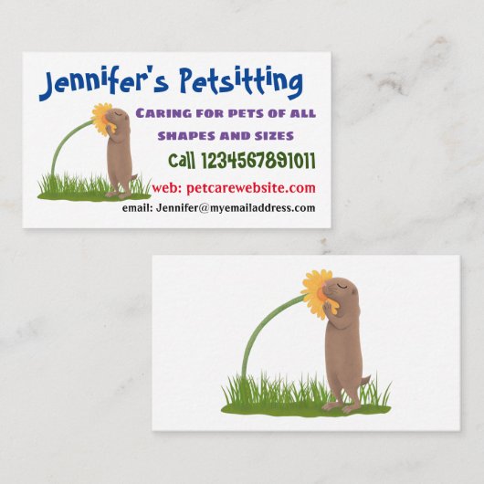Cute prairie dog sniffing flower cartoon visitekaartje (Voorkant / Achterkant)