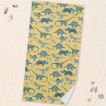 Cute Prehistorische Dinosaur Pattern Yellow Strandlaken<br><div class="desc">Veel blauwe dinosaurussen, Tyrannosaurus rex, Spinosaurus, Stegosaurus, Diplodocus en Triceratops op een gele achtergrond.</div>
