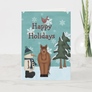 Cute Prettige feestdagen Horse and Snowman Kerstmi Kaart