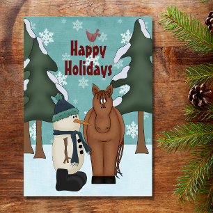 Cute Prettige feestdagen Horse and Snowman Kerstmi Kaart