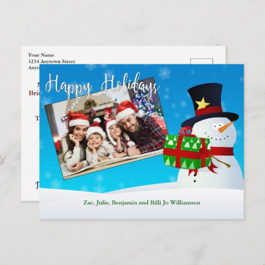 Cute Prettige feestdagen Snowman met een cadeau je Briefkaart (Voorkant / Achterkant)