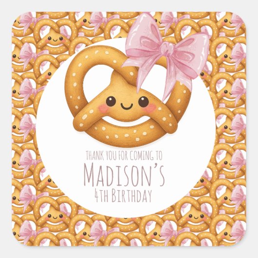 Cute Pretzel Girl Birthday Party Vierkante Sticker (Voorkant)