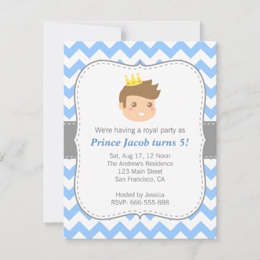 Cute Prince Birthday Party, Blue and White Chevron Kaart (Voorkant)