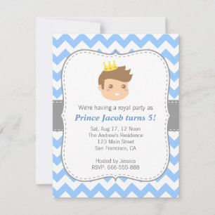 Cute Prince Birthday Party, Blue and White Chevron Kaart