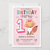 Cute Princess Baby Fox Pink First Birthday Kaart (Voorkant)