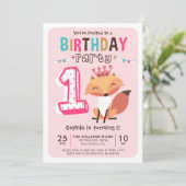 Cute Princess Baby Fox Pink First Birthday Kaart (Staand voorkant)