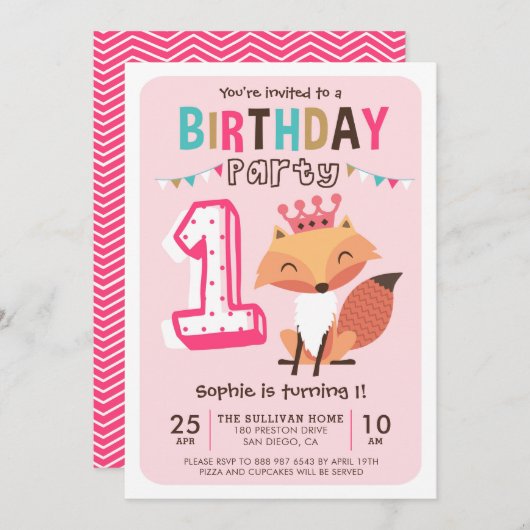 Cute Princess Baby Fox Pink First Birthday Kaart (Voorkant / Achterkant)