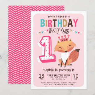 Cute Princess Baby Fox Pink First Birthday Kaart