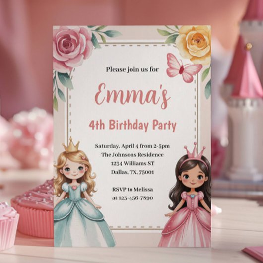 Cute Princess Birthday Party Kaart