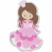 Cute Princess, Crown, Pink Dress, Brown Hair Sticker (Voorkant)