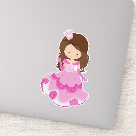 Cute Princess, Crown, Pink Dress, Brown Hair Sticker (Detail)