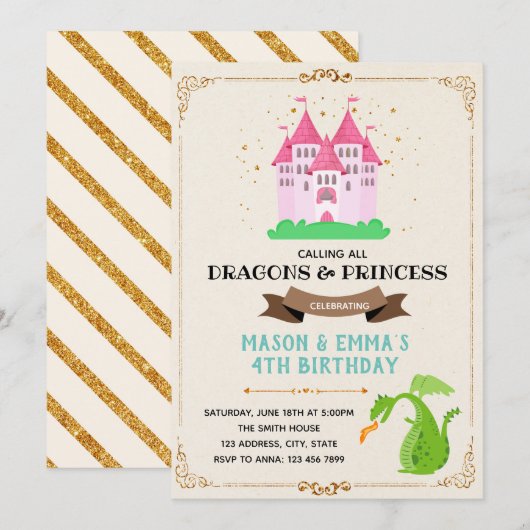 Cute princess dragon joint verjaardagsuitnodiging kaart (Voorkant / Achterkant)