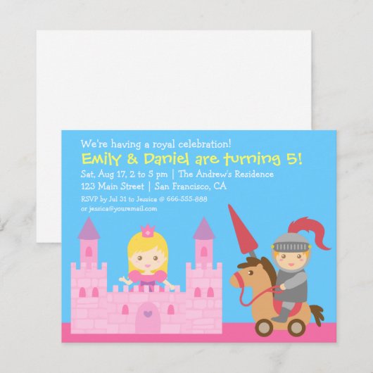 Cute Princess en Knight Birthday Party Kaart (Voorkant / Achterkant)