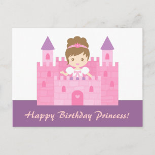 Cute Princess Girl in Pink Castle Happy Birthday Briefkaart