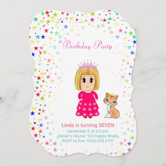Cute Princess met Kitty Cat 7th Birthday Invitati Kaart (Voorkant / Achterkant)