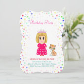 Cute Princess met Kitty Cat 7th Birthday Invitati Kaart (Staand voorkant)