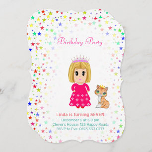 Cute Princess met Kitty Cat 7th Birthday Invitati Kaart