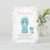 Cute Princess met Kitty Cat 7th Birthday Kaart (Staand voorkant)