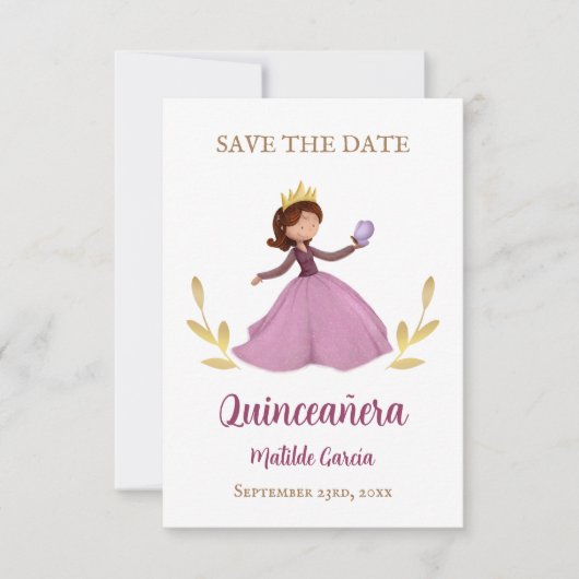 Cute princess met vlinder quinceanera save the date (Voorkant)