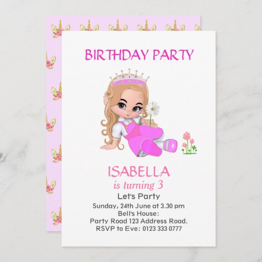 Cute Princess on Light Pink 3rd Birthday Party Kaart (Voorkant / Achterkant)