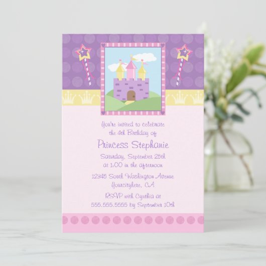 Cute princess party castle verjaardaguitnodiging kaart (Staand voorkant)
