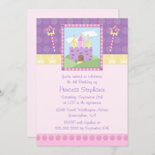 Cute princess party castle verjaardaguitnodiging kaart (Voorkant / Achterkant)
