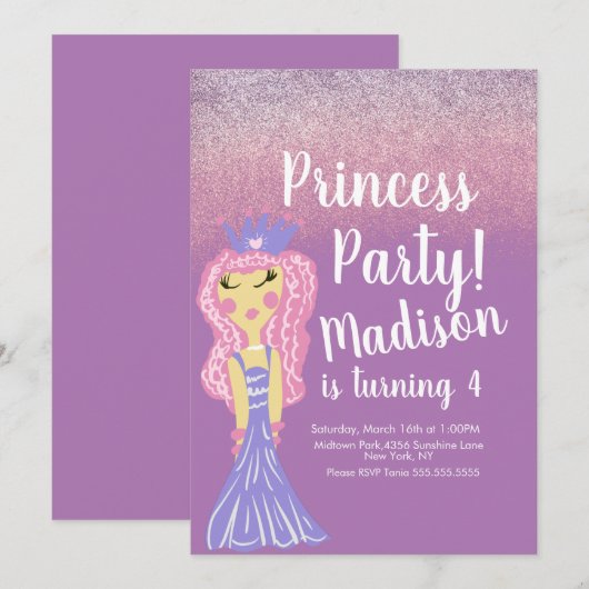 Cute Princess Party Doodle Invitation Kaart (Voorkant / Achterkant)