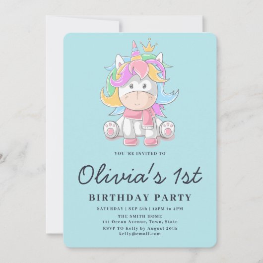 Cute Princess Unicorn 1e verjaardag Kaart (Voorkant)