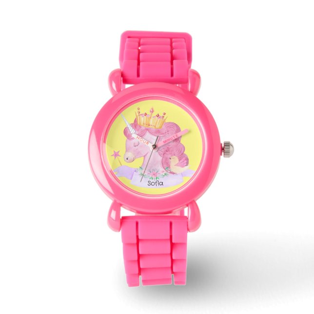 👑 Cute Princess Unicorn Custom Name Horloge (Voorkant)