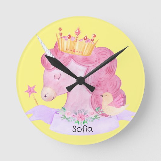 👑 Cute Princess Unicorn Custom Name Ronde Klok (Voorkant)