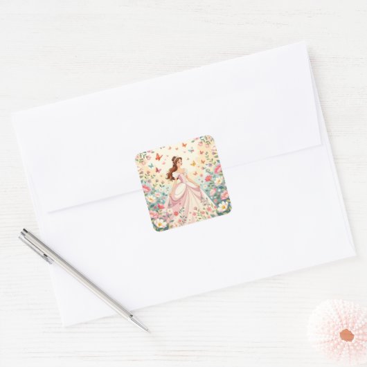 Cute princess with butterflies vierkante sticker (Envelop)