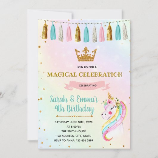 Cute  prinses eenhoorn feest uitnodiging (Voorkant)