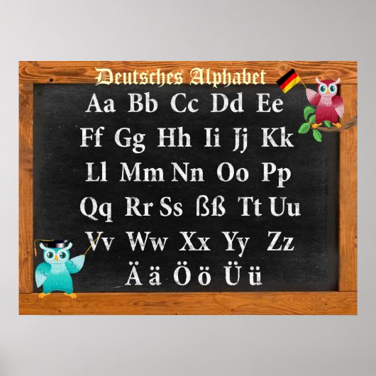 Cute Professor Owl German Deutsches Alphabet Poster (Voorkant)