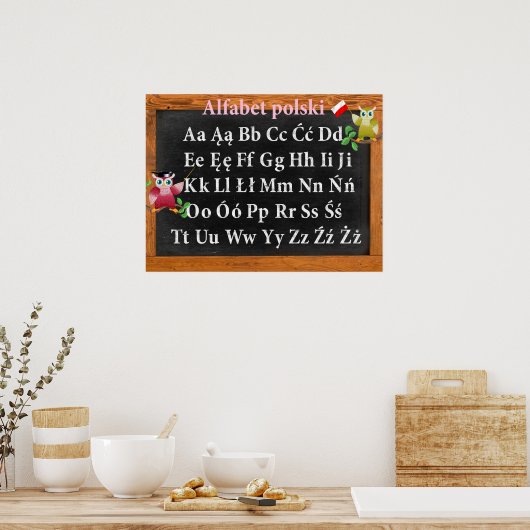 Cute Professor Owl Pools Alphabet Alfabet polski Poster (Keuken)