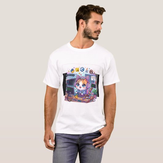 Cute Programmer Kat T-Shirt | Kawaii Coderende Kat (Voorkant volledig)
