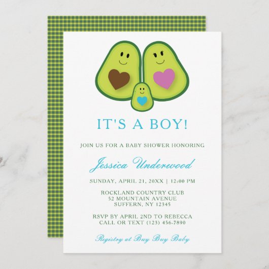 Cute Pset Avocado Boy Baby shower Invitation Kaart (Voorkant / Achterkant)